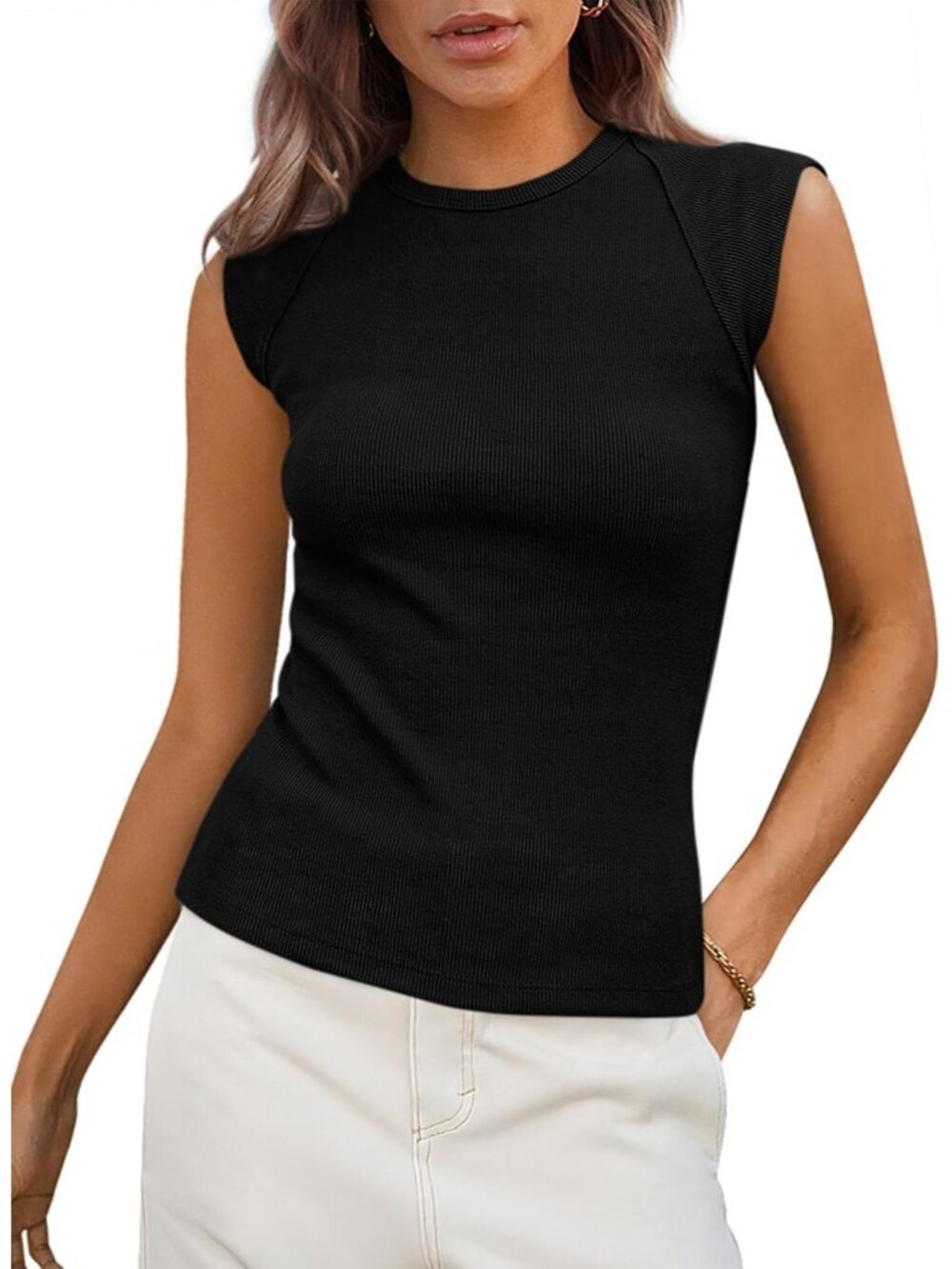 Women's Black Cap Sleeve Slim Fitted Knit Basic Casual Tee Shirts Tank Tops